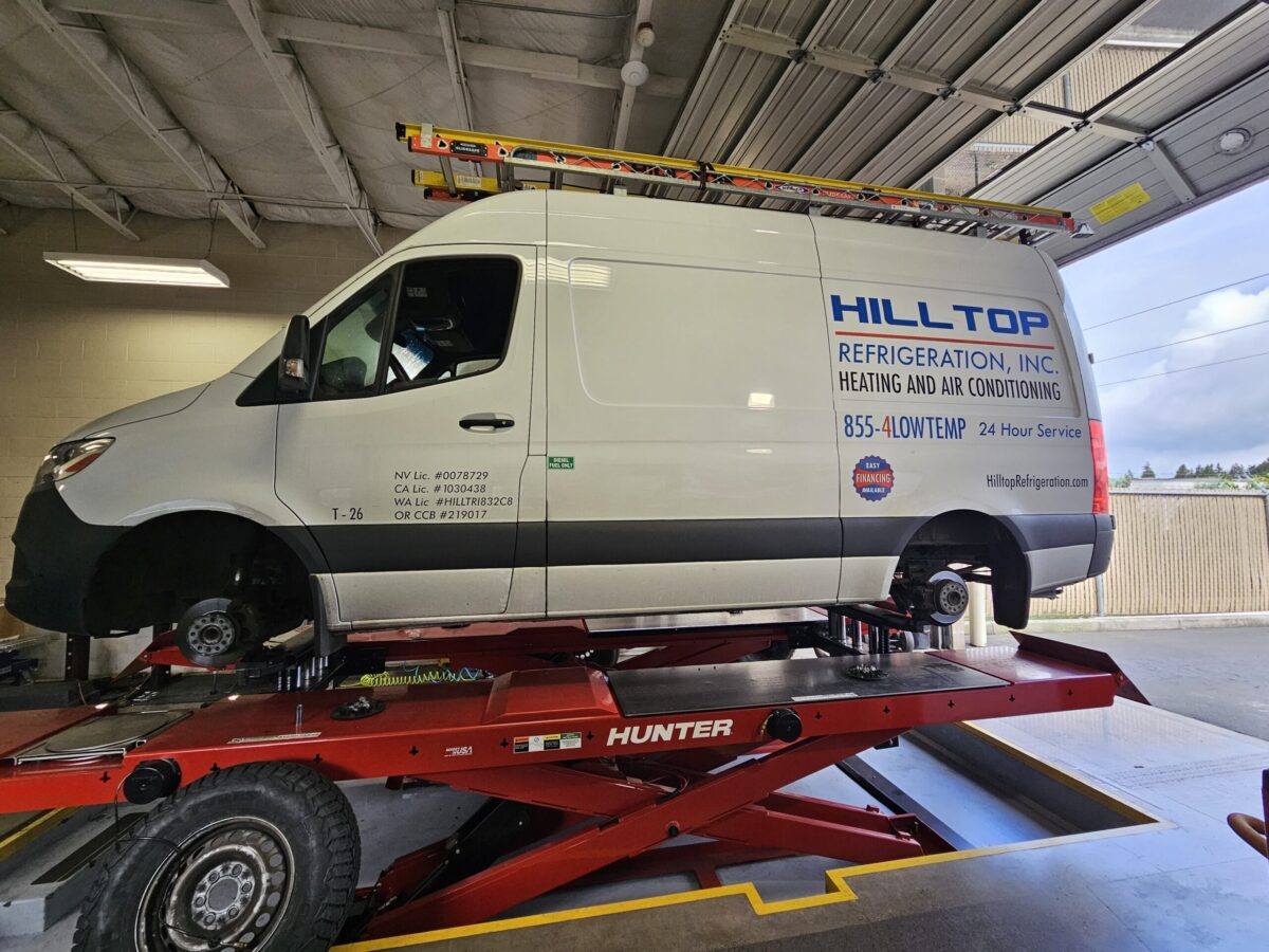 Get Your Wheel Alignment Done Right 11 Caseys Fleet Service Hilltop Refridgeration Service Vehicle on Lift scaled e1749651368607