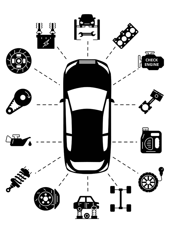 Overhead view of vehicle and parts to service